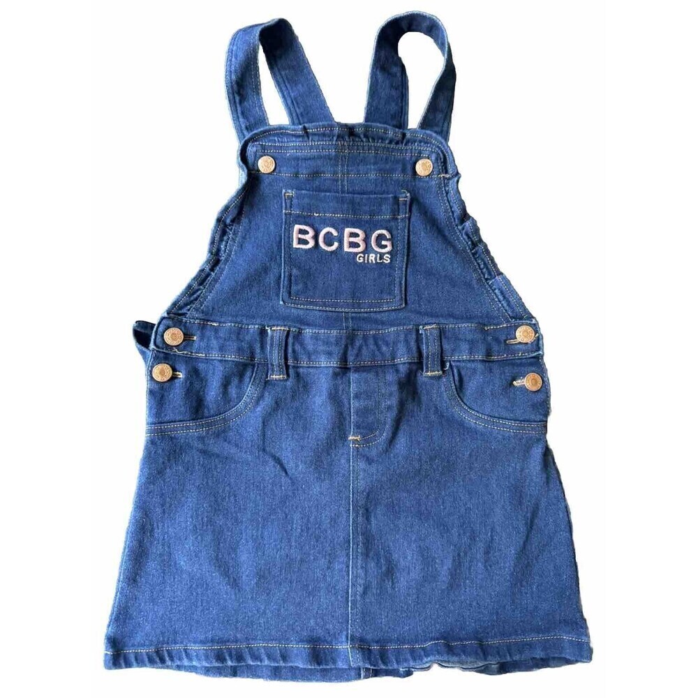 BCBG Overall dress - Girls Sz 6X  Denim with pink embroidery bronze button